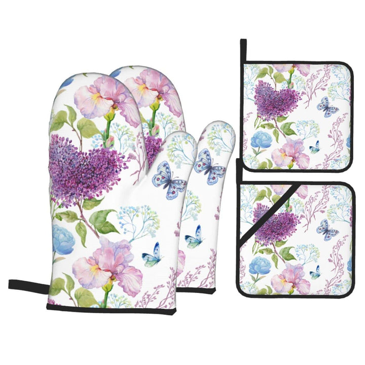 Watercolor Flowers Iris Peony Lilac Oven Mitts and Pot Holders Set of 4, Oven Mittens and Potholders Heat Resistant Gloves for Kitchen Cooking Baking Grilling BBQ