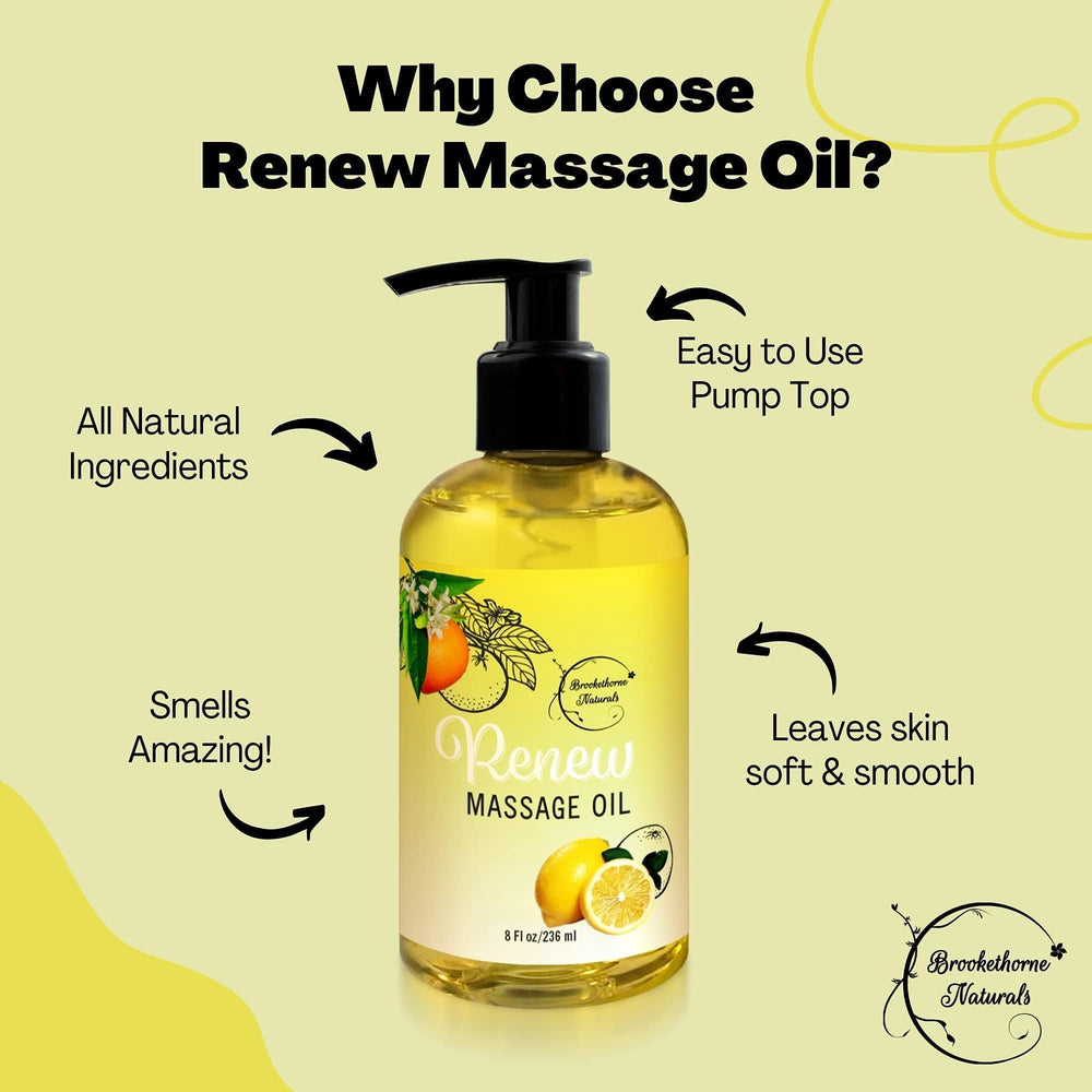 Renew Massage Oil with Orange, Lemon & Peppermint Essential Oils - Great for Massage Therapy or Home use. Ideal for Full Body – with Almond, Grapeseed & Jojoba Oils –