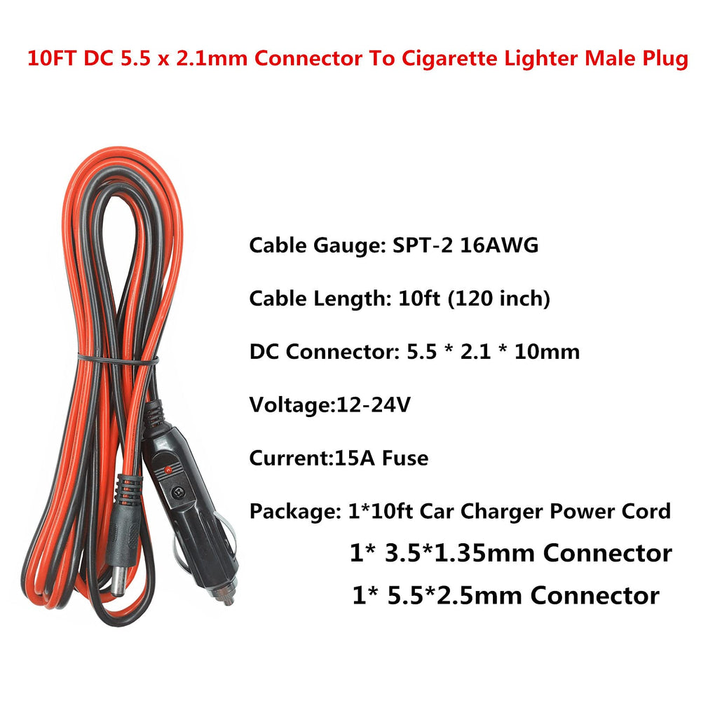 DC Car Charger Cable - DC 5.5mm x 2.1mm Connector to Cigarette Lighter Male Plug with Extra 2 Connectors 12-24V DC Car Charger Auto Power Supply Cord 15A for Portable DVD Player, Car, Camera