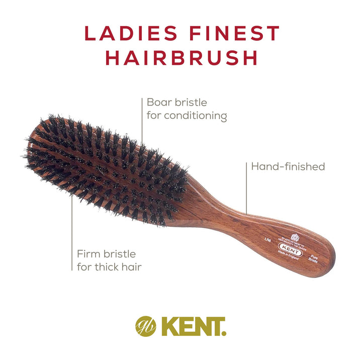 Kent LR6 Finest Dark Wood Styling Hair Brushes for Women - Natural Black Boar Bristle Hairbrush for Medium to Thick Hair of All Lengths - Dry Brush for Styling, Straightening, and Stimulating Oils