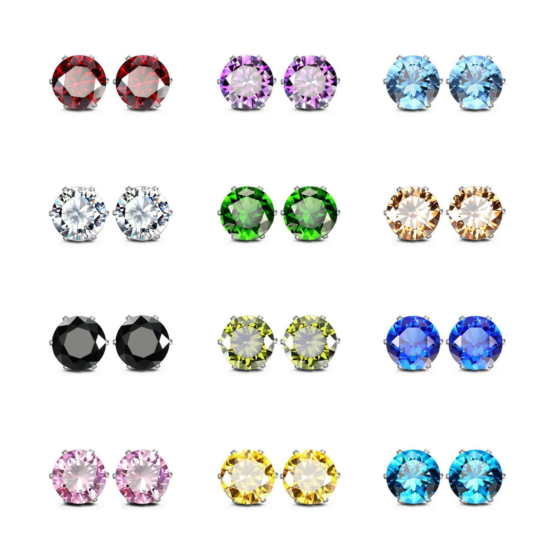 JewelrieShop Stud Earrings for Women Stainless Steel Post Earrings Hypoallergenic CZ Birthstone Ear Studs Earings (12 pair, 6mm)