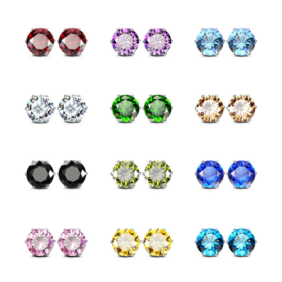 JewelrieShop Stud Earrings for Women Stainless Steel Post Earrings Hypoallergenic CZ Birthstone Ear Studs Earings (12 pair, 6mm)