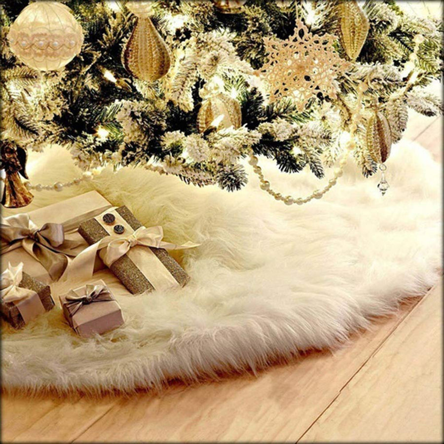 AOGU 48 Inch Faux Fur Christmas Tree Skirt White Plush 
