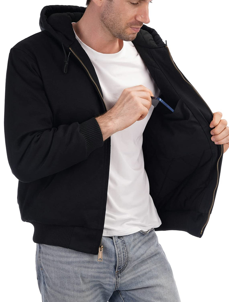 Men's Quilted Flannel Lined Active Jacket Waterproof Cotton Duck Hooded Workwear Winter Coat