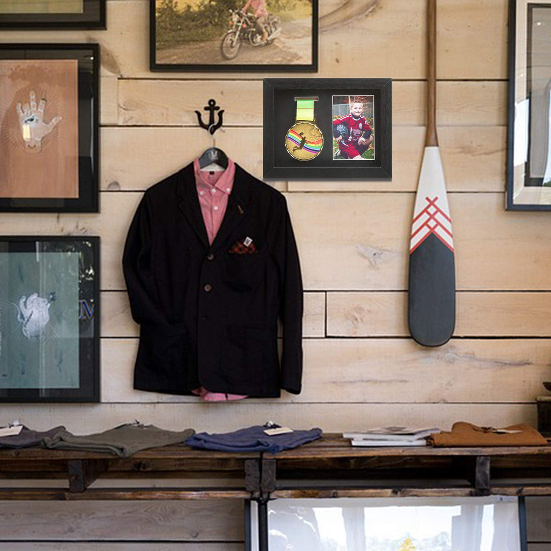 Medal Display Shadow Box - Single Medal Display case - Perfect Medal Display for Runners, Marathon, Race Winner,Soccer, Football, Gymnastics &amp; All Sports (Black, 6x8)