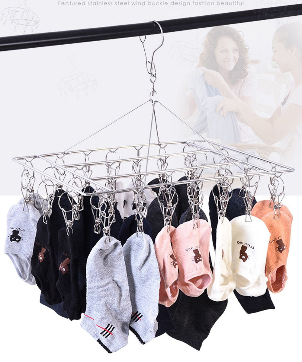 Clothes Drying Rack with 36 Clips, Stainless Steel Laundry Drying Rack, Baby Hangers, Clothes Hangers for Drying Socks, Drying Towels, Diapers, Bras, Baby Clothes, Underwear, Hat(1 Pack)