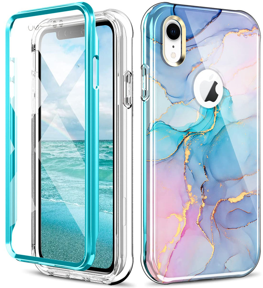 Cute Marble Case for iPhone XR 6.1 inch Built with Screen Protector, Lightweight and Stylish Full Body Shockproof Protective Rugged TPU Case for Women/Girls