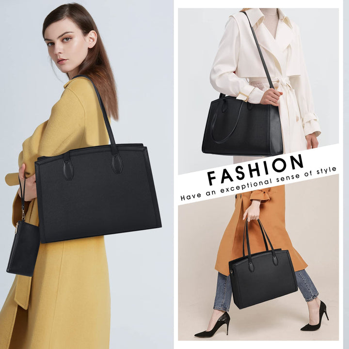 Laptop Bag for Women 15.6 Inch Laptop Tote Bags Waterproof Computer Bag Teacher Work Briefcase Large Capacity Leather Handbag Office Business Shoulder Bag 2PCS Plain Pattern