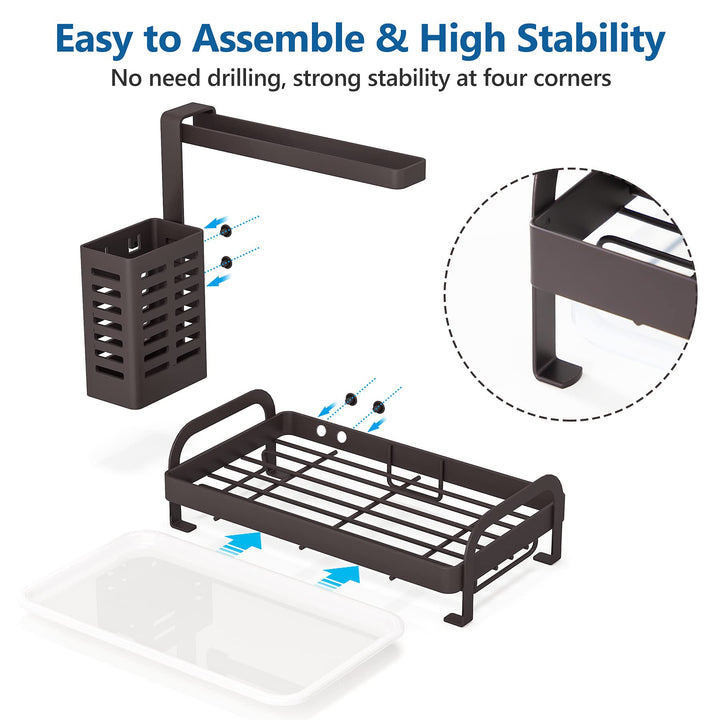 Sink Caddy Organizer, Kitchen Sink Caddy Bronze with Drain Tray Sponge Holder Brush Dishcloth Holder Hanger Countertop for Kitchen