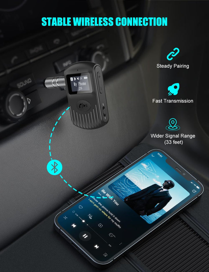 Bluetooth Receiver with LCD Screen, Portable 3.5mm AUX Bluetooth 5.0 Adapter for Car/Home Stereo/Speaker/Wired Headphones, Noise Cancelling/Hands-Free Calling/Music Streaming-Black