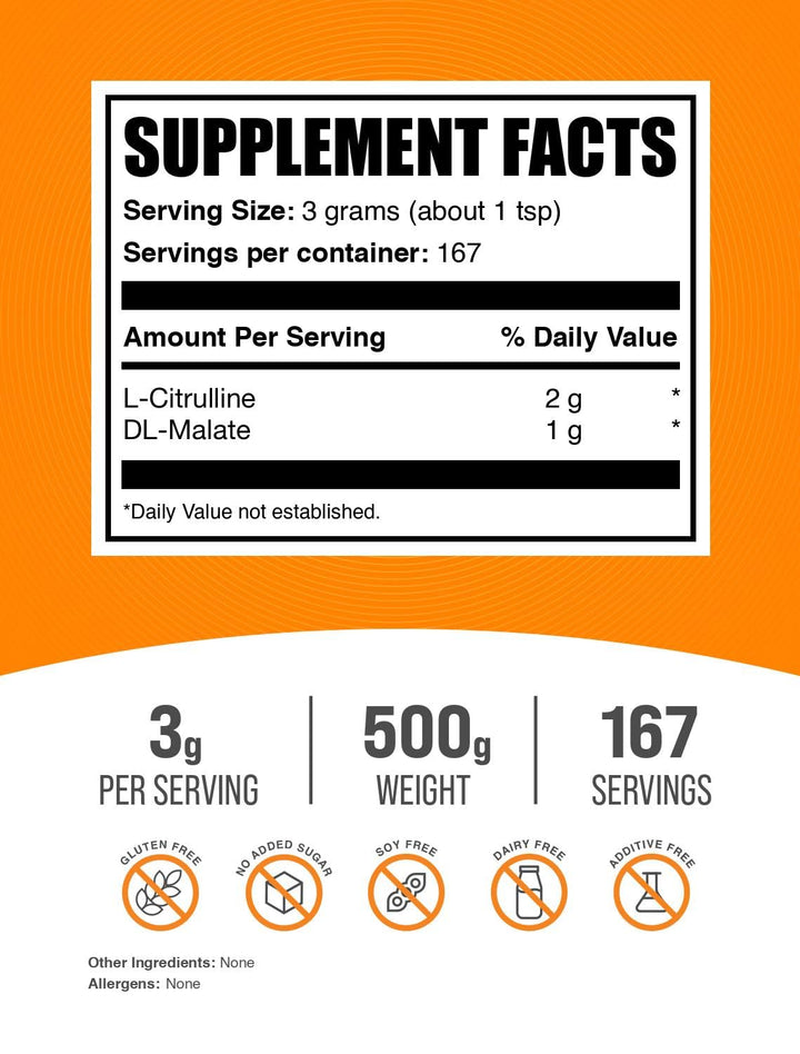 .com L-Citrulline Malate 2:1 Powder - Nitric Oxide Boost, Citrulline Malate Supplement - Unflavored &amp; Gluten Free - 3g per Servings, 500g (1.1 lbs) (Pack of 1)