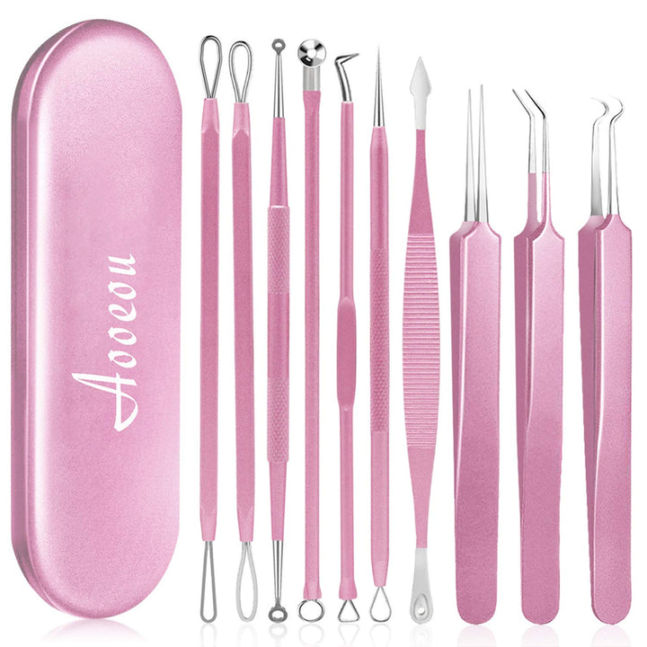 Blackhead Remover Tool, 10Pcs Professional Pimple Popper Tool Kit - Easy Removal for Whitehead Popping, Zit Removing for Risk Free Nose Face, Anti-Slip Coating Handle(Pink)