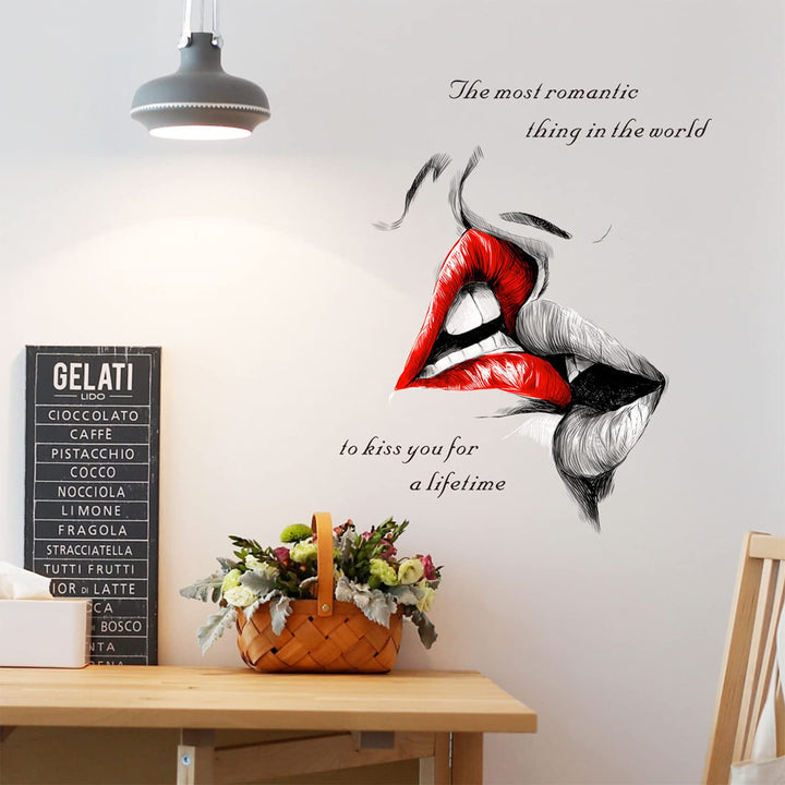 Sexy Red Lips Kiss Wall Decals, Kiss You for a Lifetime Quotes Wall Stickers, Kissing Lips Fashion Silhouette Mural, Removable DIY Vinyl Decor Wallpaper for Bedroom, Living Room, TV Wall
