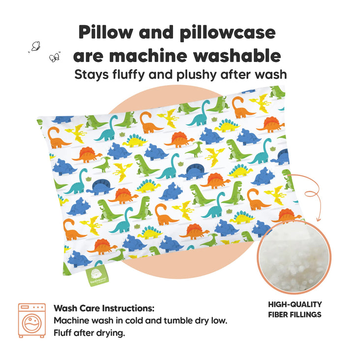Toddler Pillow with Pillowcase - 13x18 My Little Dreamy Pillow, Organic Cotton Toddler Pillows for Sleeping, Kids Pillow, Travel Pillows, Mini Pillow, Nursery Pillow, Toddler Bed Pillow (Happy Dino)