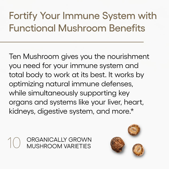 Ten Mushroom Supplement: Daily Immune Support, 120 Capsules – Lion’s Mane, Reishi, Cordyceps, Turkey Tail, Maitake, Shiitake – Energy, Gut Health, Liver, Kidney &amp; Nootropic Brain Support