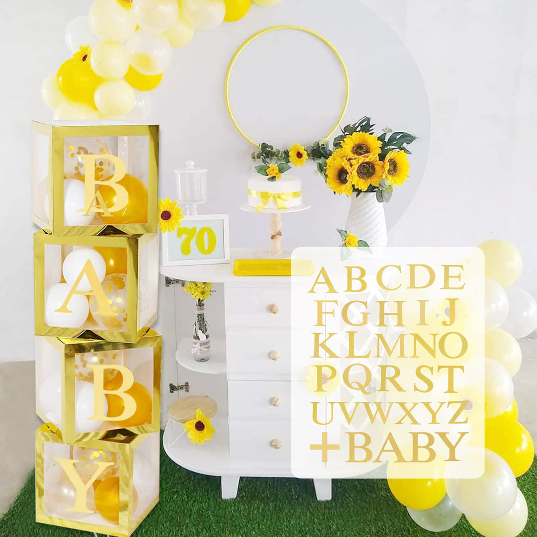 Gold Transparent Balloon Boxes with 30 Letters, includes A-Z and BABY Letters for Girl Boy Baby Shower Boxes Decorations,Sunflower Birthday,DIY Name Combination, Birthday Party Decorations