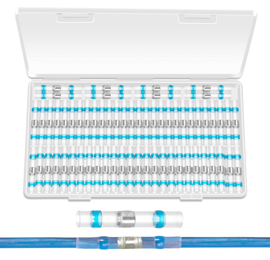 100 PCS 16-14 AWG Solder Seal Heat Shrink Wire Connector Kit Waterproof Connector Kit with Case Blue