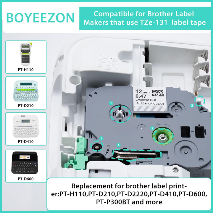 TZe/TZ Tape 12mm 0.47 Laminated Clear Replacement for Brother Ptouch TZe-131 Laminated Black on Clear Label Tape for Brother Label Maker PT-D210, PT-D220, PT-H110, PT-D400, 5-Pack