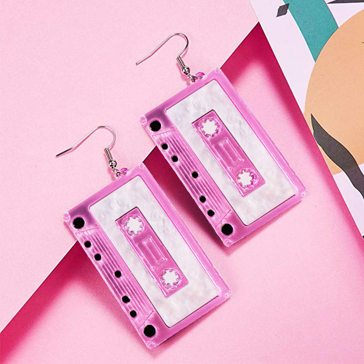 ® 1980s Fashion Acrylic Earrings for 80’s Party Women Punk Retro Cassette Crush Colorful Drop Dangle Party Night Club Pretty (Pink)