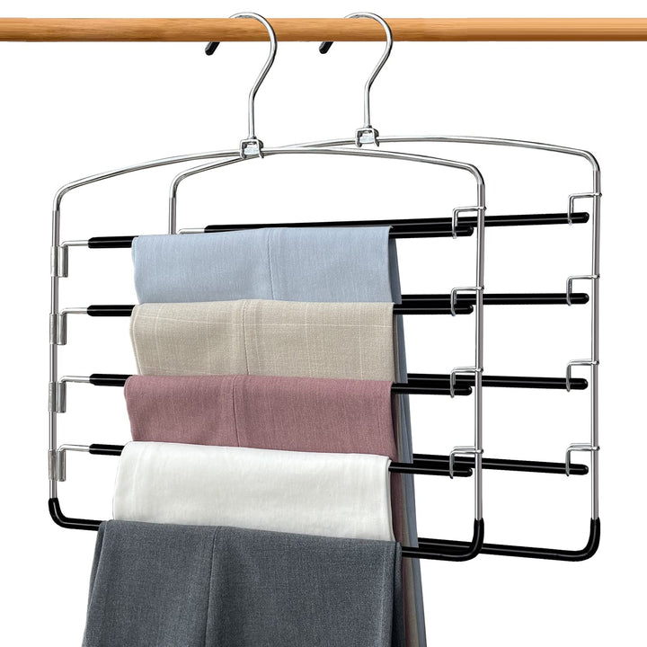 Pants Hangers 2 Pieces, Swing Arm Trousers Hanger, Space Saving Pants Rack, 5 Layers Jeans Hangers with Non-Slip, Multiple Pants Hanger Closet Organizer for Trousers Scarves Ties