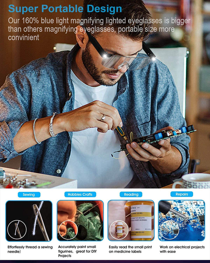 Magnifying Glasses with Light, 200% Magnifying Lighted Eyeglasses, Rechargeable LED Lights, Blue Light Blocking, Hands Free for Close Work (Black)