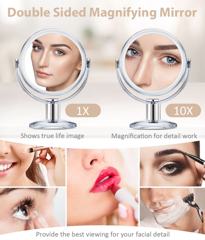 Double Sided Magnifying Makeup Mirror, 1X &amp; 10X Magnification with 360 Degree Rotation- Clear &amp; Transparent