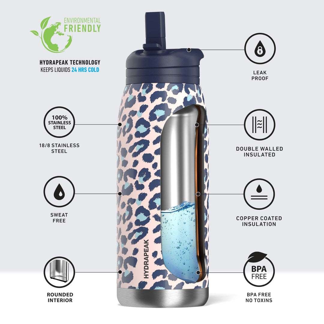 Artisan 32oz Insulated Water Bottles with Straw Lids | Leak-Proof and Vacuum Insulated, Double Walled Stainless Steel Water Bottles Featuring Chic and Stylish Designs (Pink Leopard)