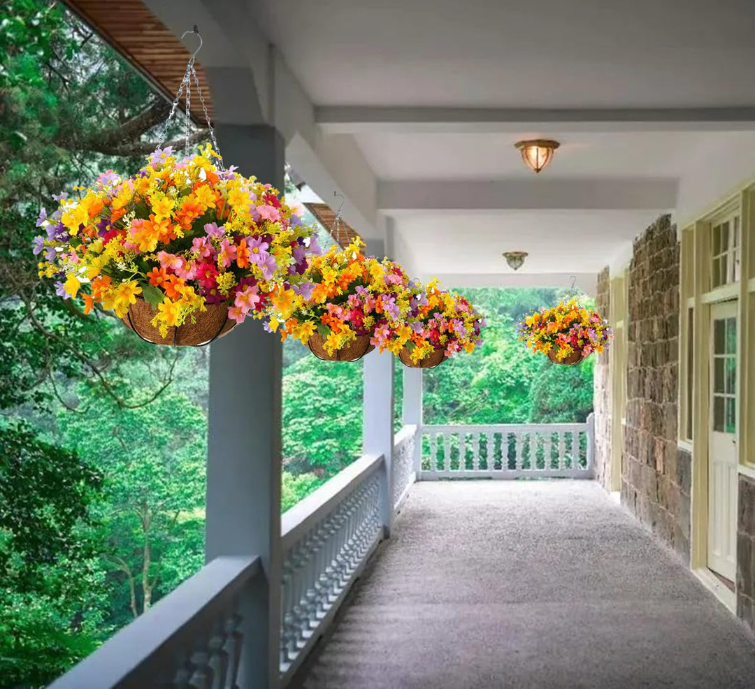 Flo Daisy Flower Artificial Hanging Plant Home Balcony Indoor Outdoor Decor Fake Flower Hanging Basket with Chain Flowerpot (Small Basket with Silk Flowers)