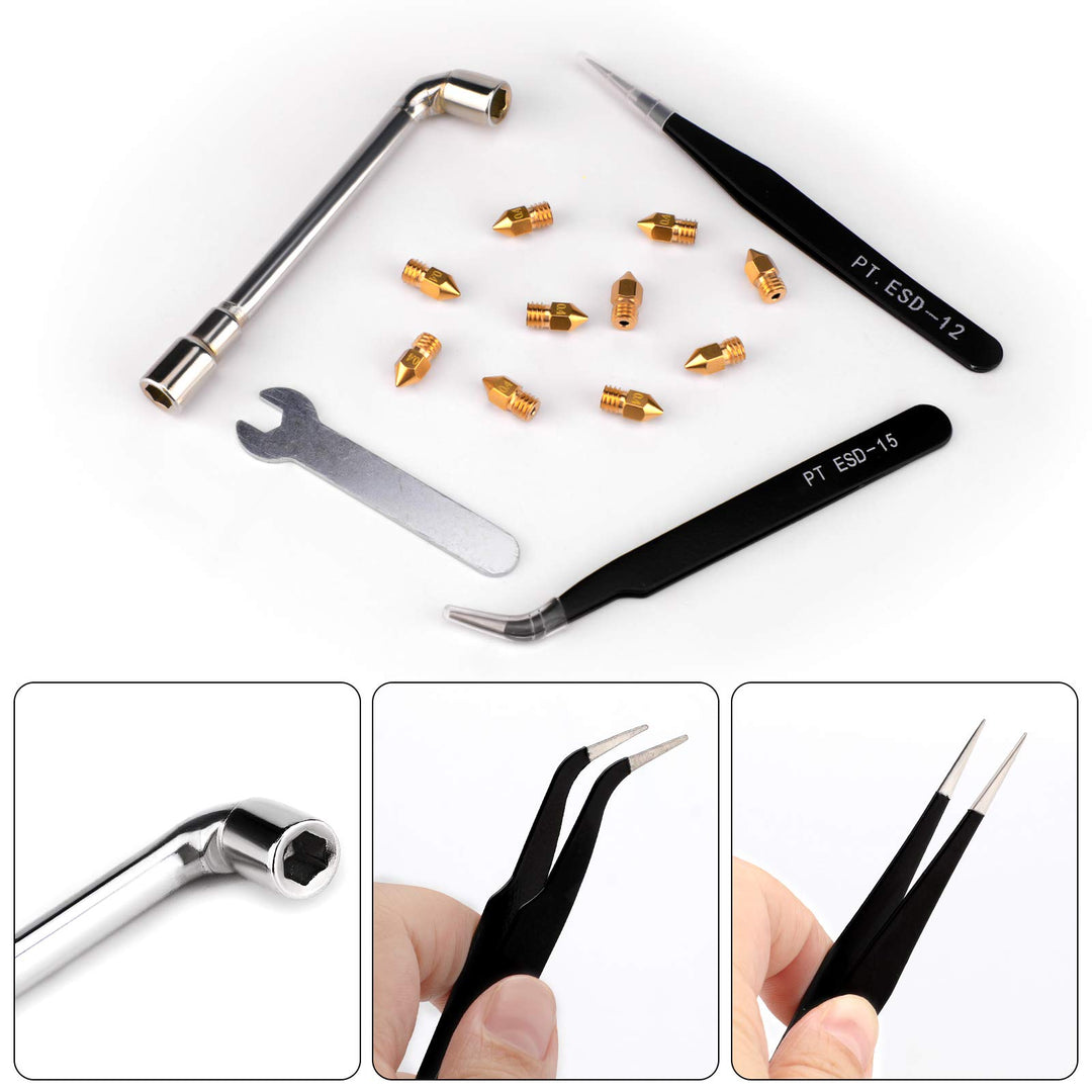 LUTER 3D Printer Nozzle Cleaning Kit, 10PCS 0.4mm 3D Printer Nozzles Extruder Nozzles for MK8 + 5PCS Stainless Steel Nozzle Cleaning Needles + 2PCS Tweezers + 2PCS Wrenches