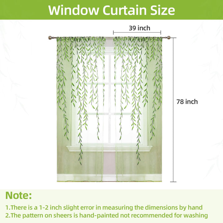 Green Sheer Window Curtains-Pocket Design Sheer Curtains Pretty Vine Curtains 2 Panels Leaf Pattern Curtain Sheers Voile Sheer Window Curtain Panels for Kids Bedroom Living Room Nursery