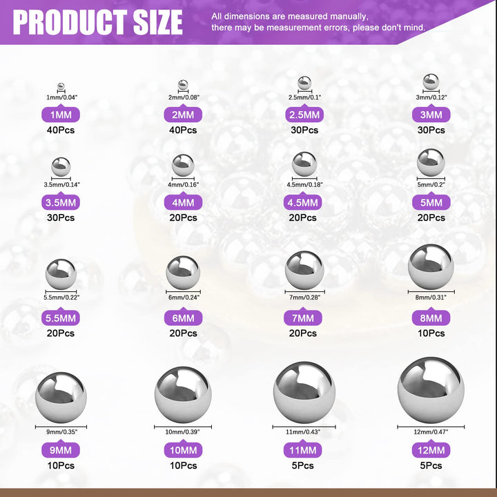 330Pcs 16 Size 1mm 2mm 2.5mm 3mm 3.5mm 4mm 4.5mm 5mm 5.5mm 6mm 7mm 8mm 9mm 10mm 11mm 12mm Metric Steel Loose Bicycle Bearing Steel Ball Precision Balls Assortment Kit for Bicycles Casters
