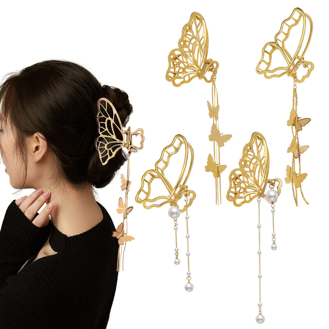 4 PACK Metal Big Gold Butterfly Hair Clips Clamp Tassel Nonslip Hair Claw Hair Accessories for Women Girls for Thinner Thick Hair Styling Fashion Hair Supplies