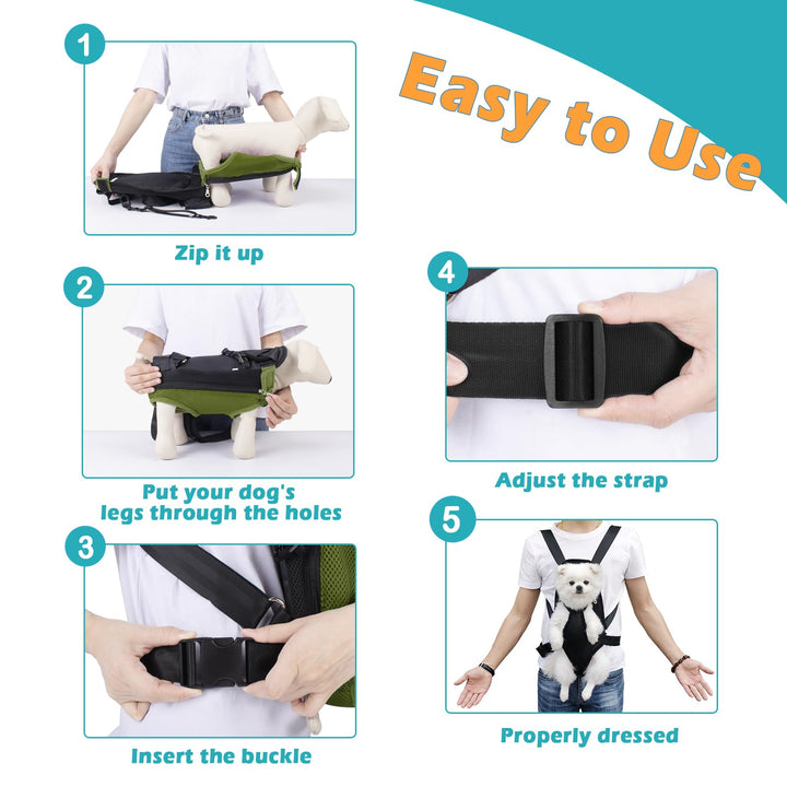Pet Front Dog Carrier Backpacks, Adjustable Dog Carrier, Legs Out Easy-fit Dog Travel Backpack for Hiking, Cycling, Hands Free Dog Chest Carrier for Medium Small Dogs (Army Green, XL)