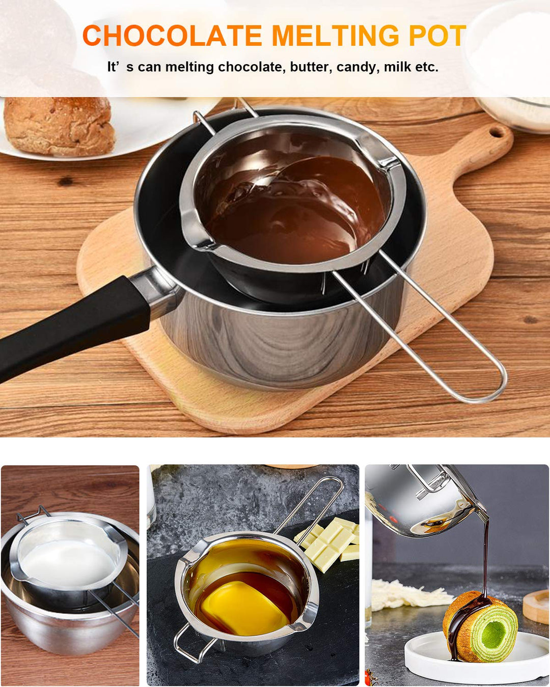 Stainless Steel Double Boiler Pot with 600ML for Melting Chocolate, Candy and Candle Making (18/8 Steel, Universal Insert)