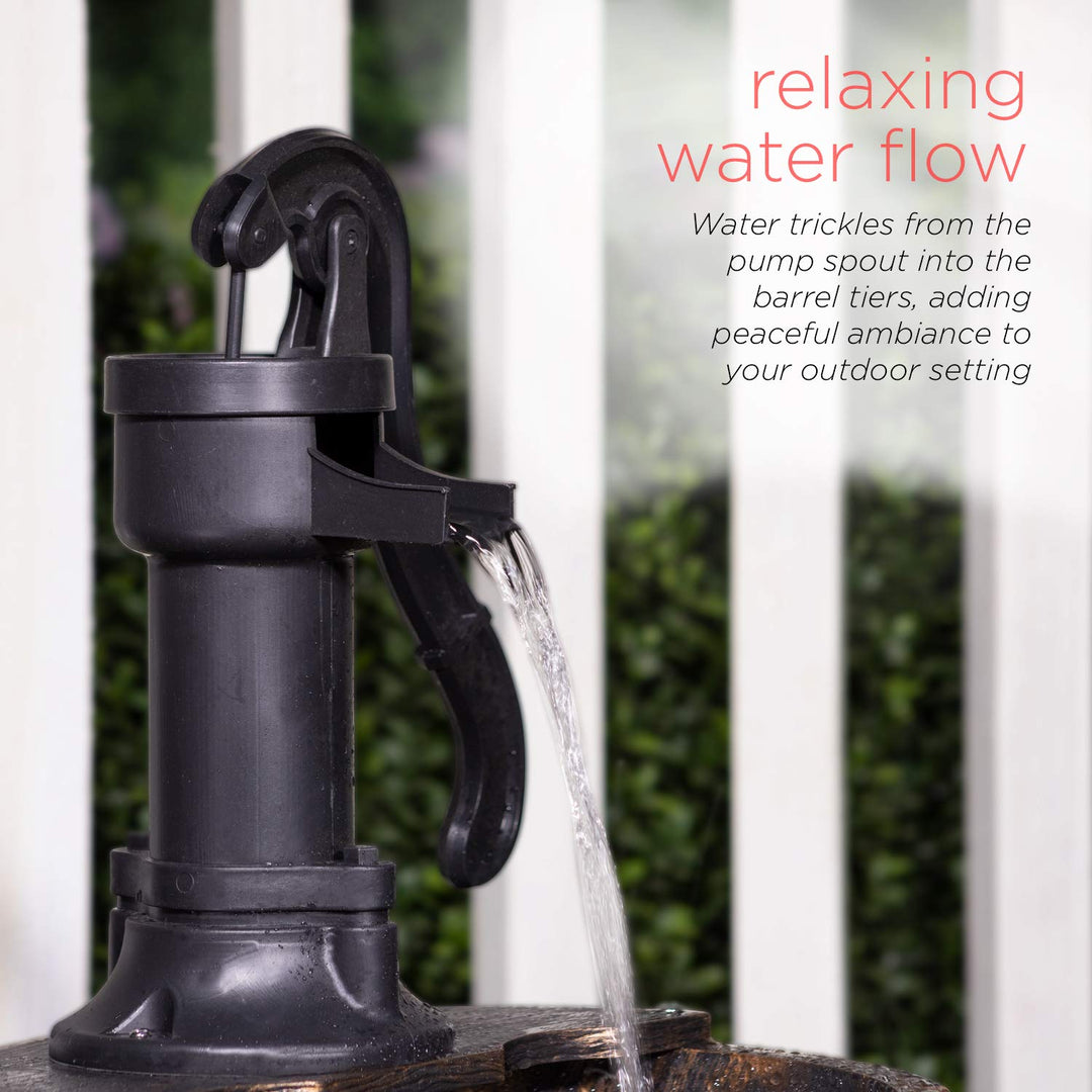 - Outdoor Rustic 2-Tiered Barrel and Pump Water Fountain – Bronze Finish, Relaxing Water Flow, Ideal for Garden, Patio, &amp; Yard Décor, 27H