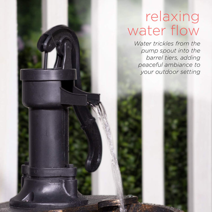 - Outdoor Rustic 2-Tiered Barrel and Pump Water Fountain – Bronze Finish, Relaxing Water Flow, Ideal for Garden, Patio, &amp; Yard Décor, 27H