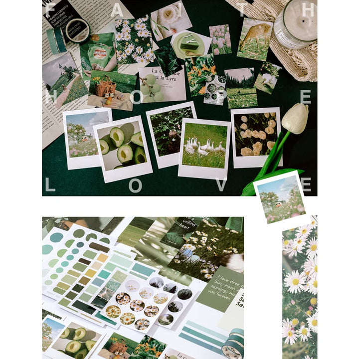 Kawaii Scrapbooking Materials Sticker Washi Tape Set Green Mountain Plant DIY Decoration for Journaling Scrapbook Planner Album Art Hand Craft Journal (Green)
