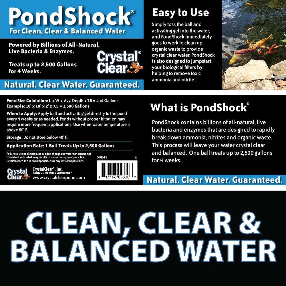 PondShock Ball, Natural Enzymes & Live Bacteria, Freshwater Clarifier Shock Treatment, Muck & Sludge Remover for Small Pond & Outdoor Water Garden Ponds, Koi Fish & Aquatic Plants Safe