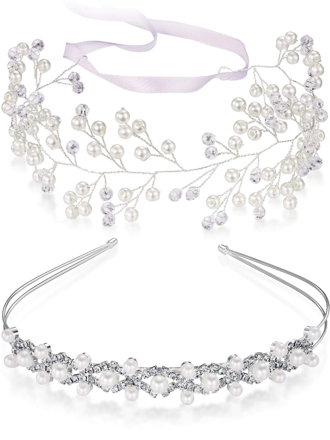 2 Pieces Flower Girls Headpiece Princess Wedding Faux Pearls Rhinestone Headband Bridal Crystal Hairband Tiara for Flower Girls Toddler Crown Wedding Party Hair Accessory
