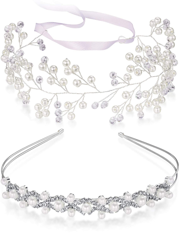 2 Pieces Flower Girls Headpiece Princess Wedding Faux Pearls Rhinestone Headband Bridal Crystal Hairband Tiara for Flower Girls Toddler Crown Wedding Party Hair Accessory