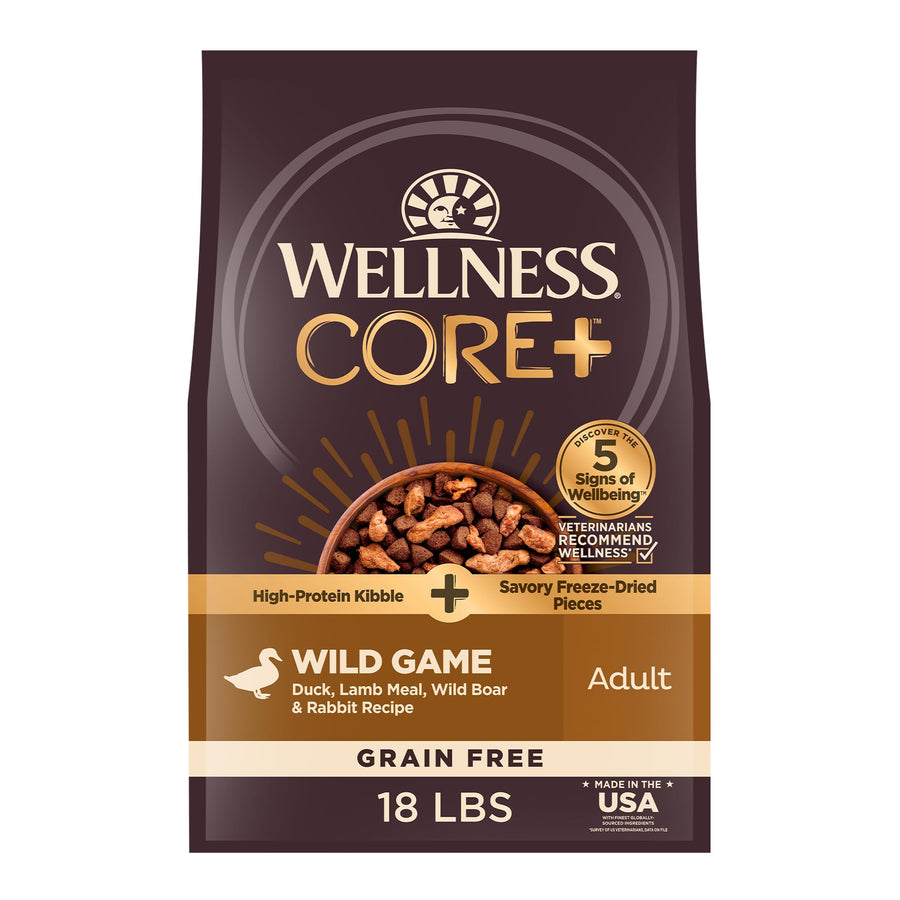 CORE+ (Formerly RawRev) Dry Dog Food with Freeze Dried Pieces, Grain Free, High Protein, Natural, Wild Game Duck, Lamb, Wild Boar, & Rabbit Recipe, (18-Pound Bag)