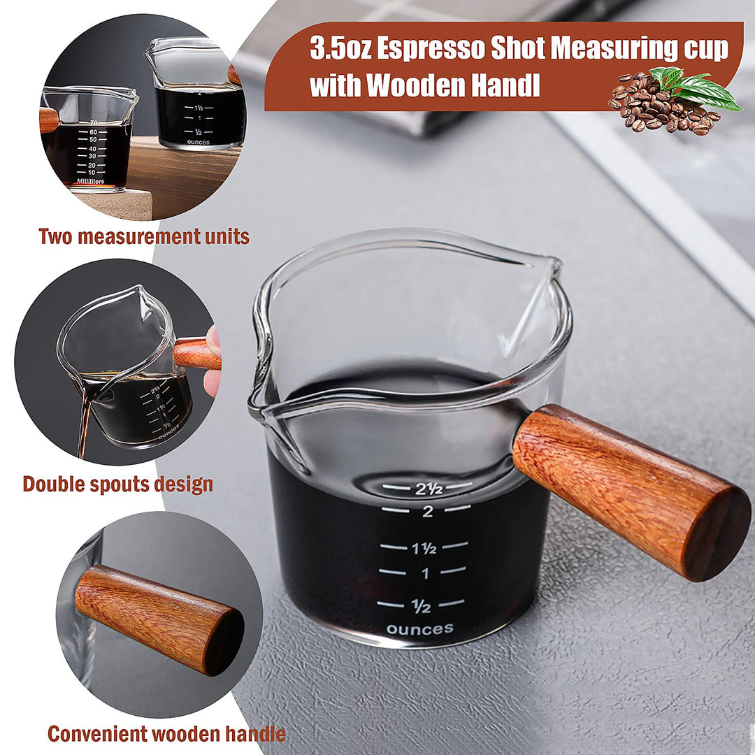 Double Spouts Measuring Cup with Wooden Handle Heat-Resistant Espresso Shot Glasses 3.5oz Mini Sauce Pitcher for Milk Coffee Tea Wine Cocktail