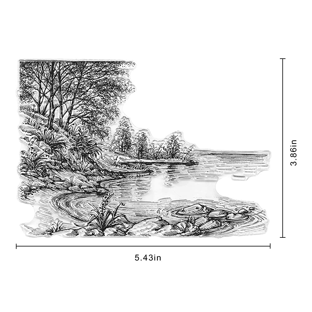 Lake River Scenery Trees Clear Stamps for Card Making Scrapbooking Crafting DIY Decorations, Background Transparent Silicone Seal Stamps for Embossing Album Crafts