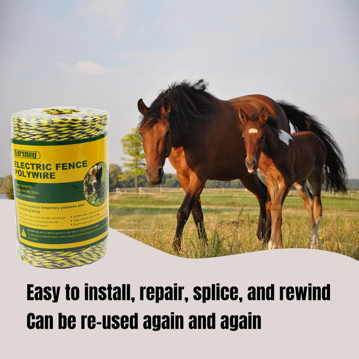 Portable Electric Fence Polywire, 656 Feet 200 Meter, 6 Conductors, Yellow and Black Color, Easy to Install Repair Splice and Rewind