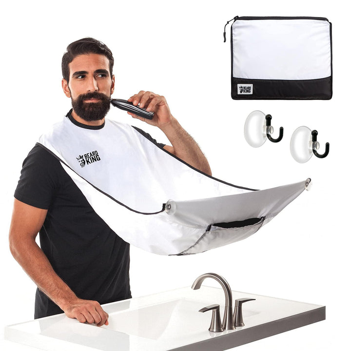 Beard King Beard Bib Apron - Shaving Set for Dad - As Seen on Shark Tank - Men&#39;s Hair Catcher for Shaving - Grooming Accessories - Packing Pouch, White