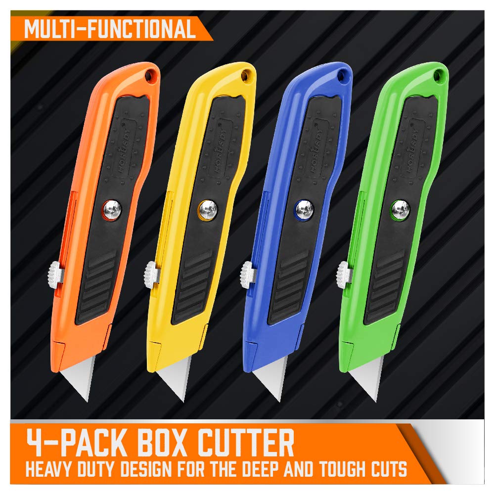 4-Pack Box Cutter Utility Knife, Heavy Duty Aluminum Shell Retractable Box Cutter for Cardboard, Boxes and Cartons, Extra 10 Blades