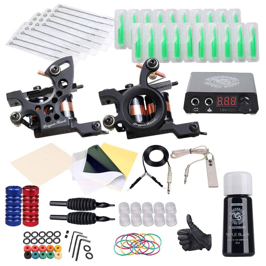 Traditional Pro Complete Tattoo Kit - Two Machines Gun Easy Use Color Ink Power Supplies Disposable Needles Grips Great for Beginners & Starter Tattoo Aritsts 11-85
