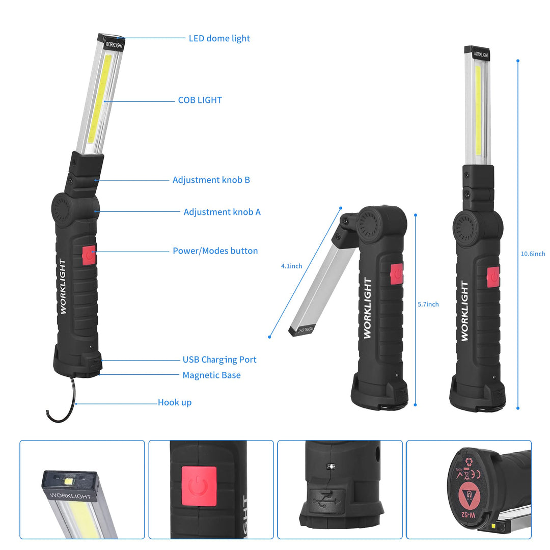 LED Worklight Flashlight, COB Rechargeable Work Lights with Magnetic Base 360 Degree Rotate and 5 Modes Portable Flood Light Inspection Construction Light for Car Repair (Black Silver, 2 pack)