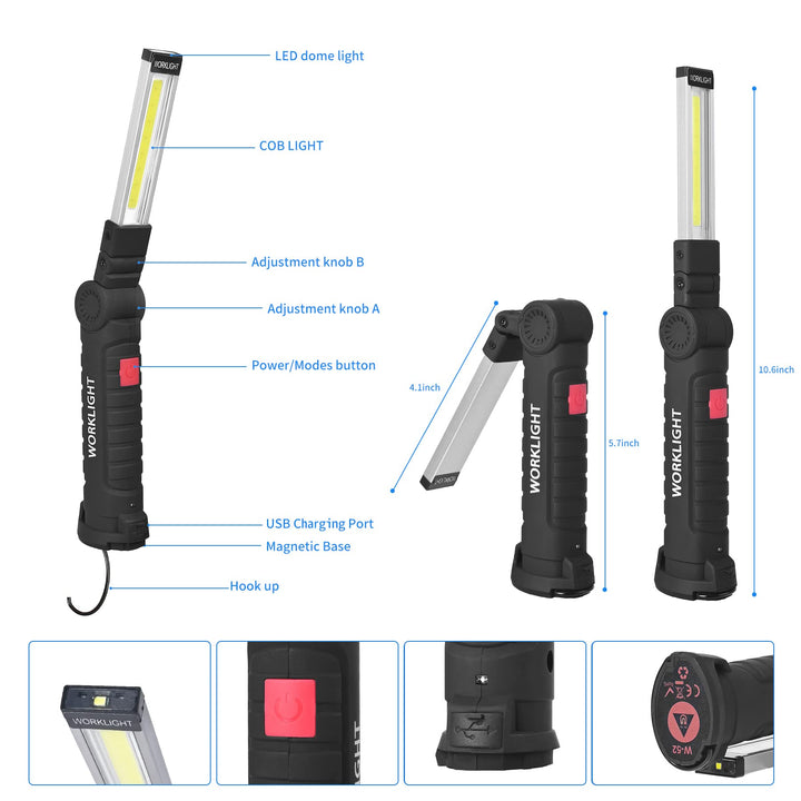 LED Worklight Flashlight, COB Rechargeable Work Lights with Magnetic Base 360 Degree Rotate and 5 Modes Portable Flood Light Inspection Construction Light for Car Repair (Black Silver, 2 pack)