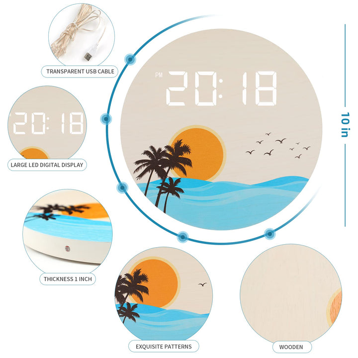 DMDMBSR USB Plug in Digital Wall Clock, Sunset Ocean Wa